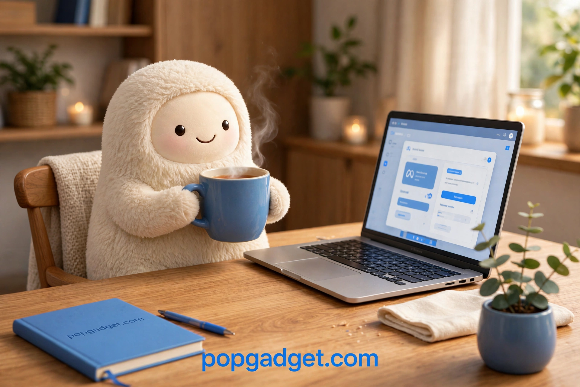 Fluffy Muse mascot holding a cup of tea beside a laptop